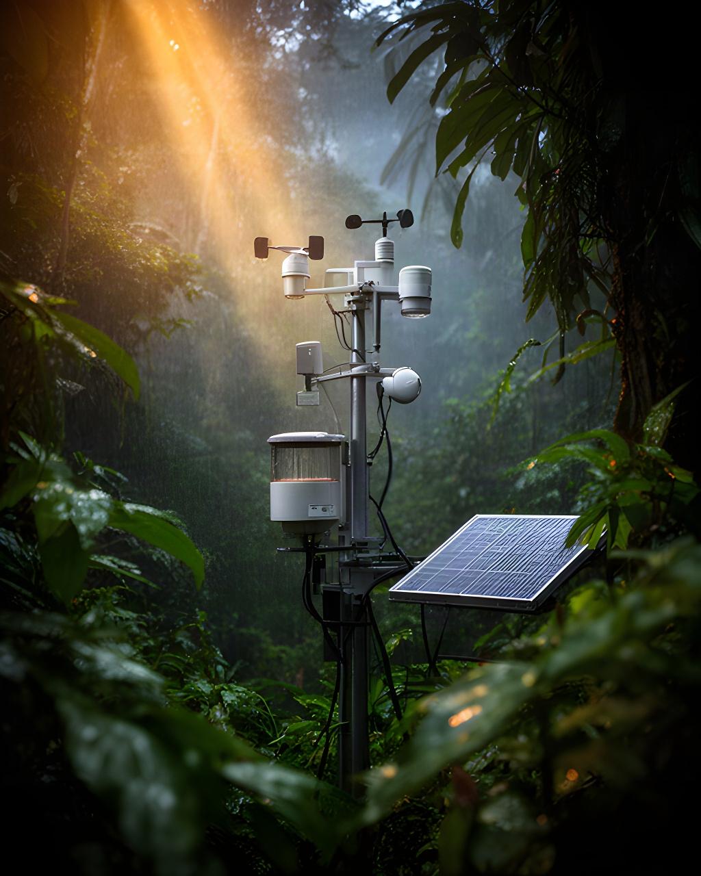 Strumento meteorologico installato nella foresta tropicale con vegetazione umida e luce radente
